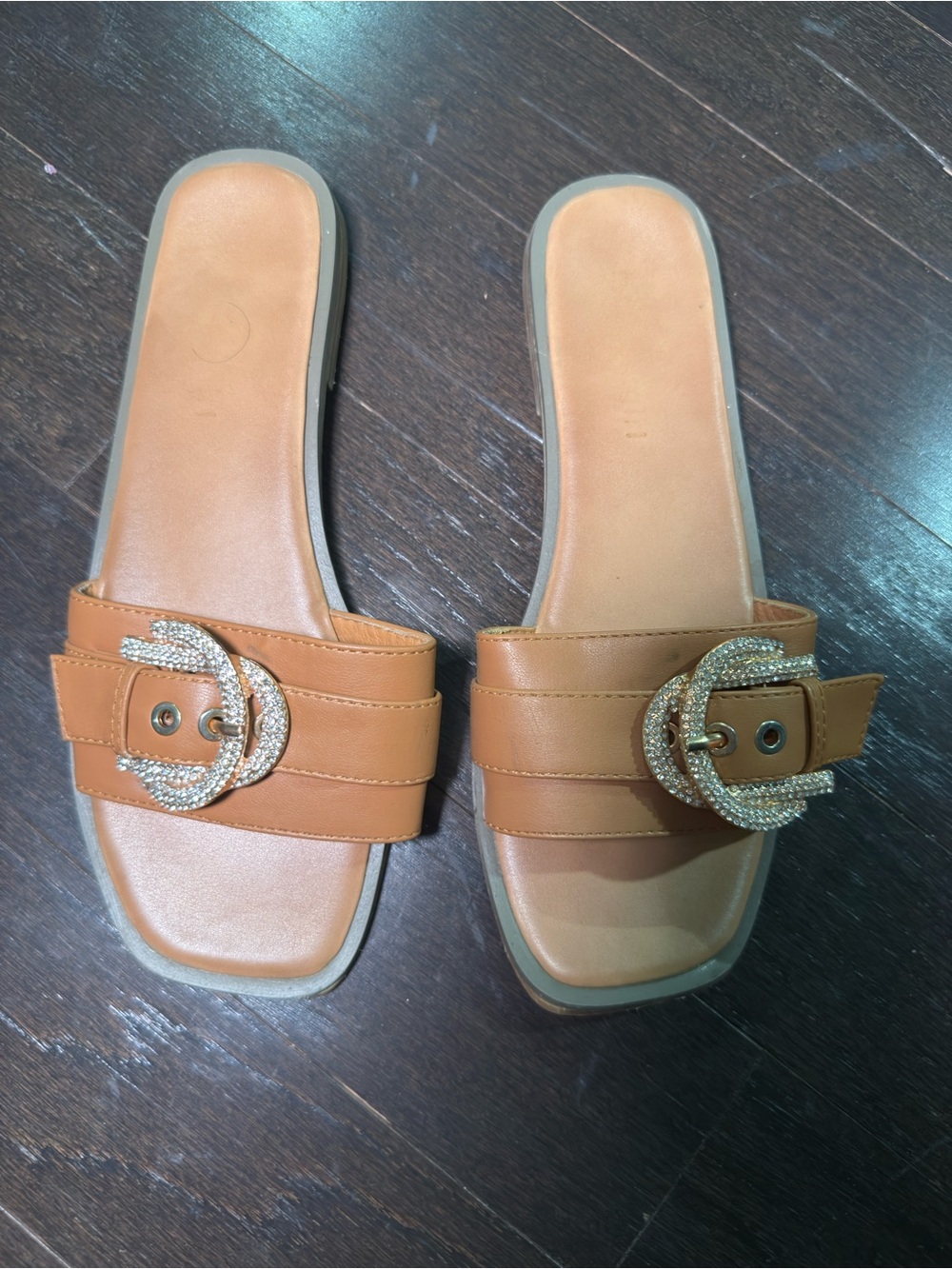Tan Slide Sandals with Crystal Buckle